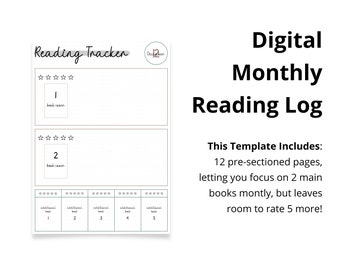 Puede incluir: Plantilla de registro de lectura mensual digital con secciones para el seguimiento de libros. Incluye espacio para calificar libros y una sección para libros adicionales. El texto dice "Reading Tracker" y "Digital Monthly Reading Log".