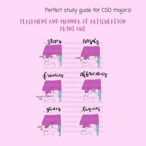 May include: A pink and purple illustration of the human mouth showing the placement of the tongue and lips for different speech sounds. The sounds are categorized as stops, nasals, fricatives, affricatives, glides, and liquids. The text "This will be removed upon purchase" is repeated throughout the image.