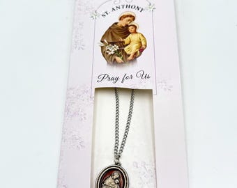 St Anthony Medal On Silver Tone Chain Necklace With Prayer Card