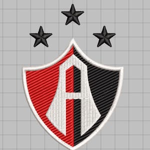 May include: A red, white, and black shield with a white letter A in the center. Three black stars are above the shield.