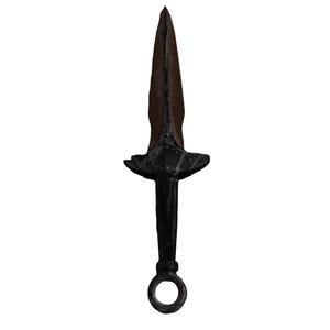 May include: A black and brown dagger with a ring on the handle.