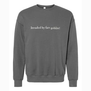 May include: A dark gray sweatshirt with the text "Invaded by fart goblin!" in white. The sweatshirt has a crew neck and long sleeves.