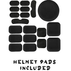 May include: A set of black helmet pads, including a large round pad, several rectangular pads, and a curved pad. The text "Helmet Pads Included" is printed below the pads.