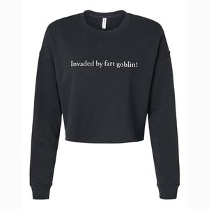 May include: Black cropped sweatshirt with long sleeves. The text "Invaded by fart goblin!" is printed in white across the chest. The sweatshirt has a crew neck and ribbed cuffs.