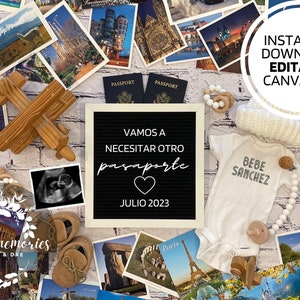 TRAVEL SPAANSE ZWANGERSCHAP Aankondiging | Digitaal bewerkbaar sjabloon | sociale media | Viaje | Copiloot | Baby | Anuncio de Embarazo | Pasaporte