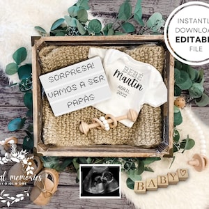Anuncio de Embarazo Rústico Español / Plantilla Digital Editable / Redes Sociales / Descarga Instantánea / Bebé / Anuncio de Embarazo / Madera