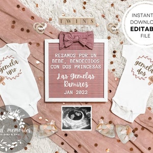 Faire-part de grossesse ESPAGNOL JUMELLES FILLES | Modèle numérique modifiable | réseaux sociaux | Téléchargement instantané | Bébés filles | Anuncio de Embarazo
