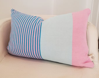 Contemporary artisan design Pillow case. Handmade in Guatemala. Naturally dyed organic cotton. Colorblock design in pastel colors.