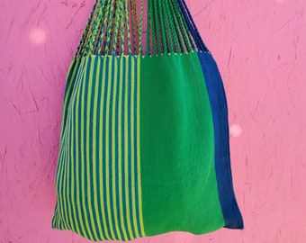 Contemporary design Hammock Bag in green & blue stripes. Handwoven in Guatemala. Naturally Dyed Cotton. Slow Fashion. Artisan bag. Gift Idea