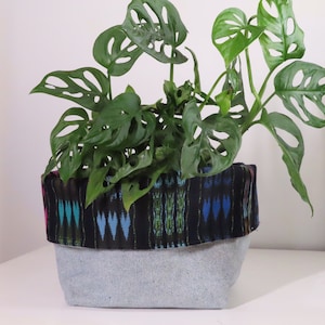 Textile Basket for Bread, Plants, Cosmetics, made from vintage Guatemalan fabric & upcycled denim fabric.