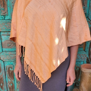 Handwoven Poncho made by Mayan weavers in Guatemala from naturally dyed cotton. Bright Apricot. Silky-soft. Summer Fashion.