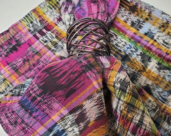 Set of 6 boho-style, vintage Guatemalan fabric, 17 x 17 inch dinner napkins. Pink & Rainbow colors. Bohemian Table setting