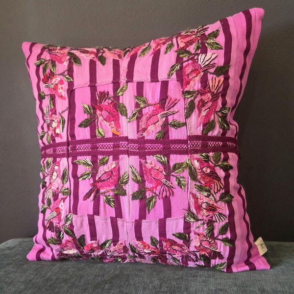 One of a Kind Pillow Cover | Vintage Guatemalan Huipil | Bohemian Living Room Decor. Birds!
