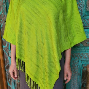 Handwoven Poncho made by Mayan weavers in Guatemala from naturally dyed cotton. Bright Green. Silky-soft. Summer Fashion.