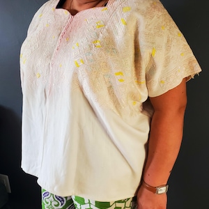 Vintage Huipil with colorful embroidery from Guatemala. Handwoven & hand-embroidered by Mayan Artisans. Nahuala. Off-white.