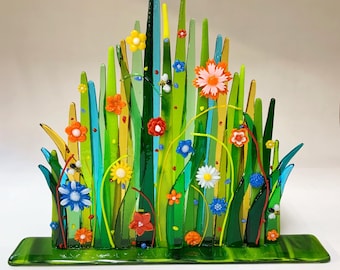 Floral Art Sculpture; Handmade Fused Glass; Home Decor