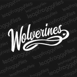 May include: White text on a black background that reads "Wolverines" in a stylised font.