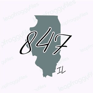 May include: A gray outline of the state of Illinois with the number 847 written in black cursive script. The letters "IL" are also written in black cursive script below the state outline.