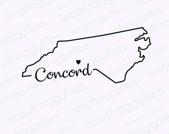 Concord North Carolina svg file/Concord Nc Pride/State of North Carolina/Shape of State with Heart/Concord NC home Heart Map Cursive