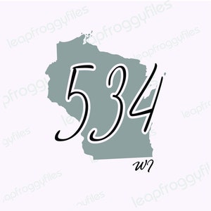 Könnte beinhalten: Eine graue Umrandung des Bundesstaates Wisconsin mit der Zahl 534 in schwarzer Schreibschrift. Der Text "WI" steht unter der Zahl.