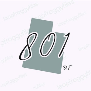 May include: A gray outline of the state of Utah with the number 801 written in black cursive script.