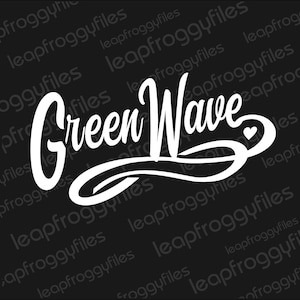 May include: White text on a black background that reads "Green Wave" with a small heart symbol at the end of the text. The text is stylized in a cursive font and the wave is depicted as a curved line.