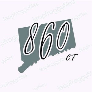 May include: A gray outline of the state of Connecticut with the number 860 written in black cursive script and the letters CT below the number.