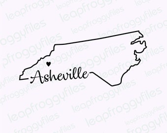 Asheville North Carolina svg file/Asheville Nc Pride/State of North Carolina/Shape of State with Heart/Asheville NC home Heart Map Cursive