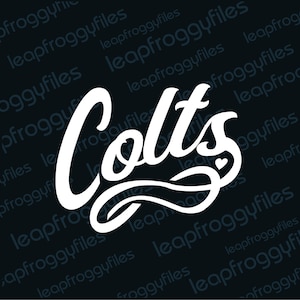 May include: White text on a black background that reads "Colts" with a stylized heart shape underneath the word.
