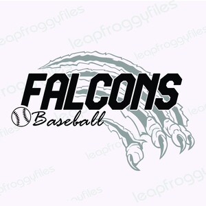 Pode incluir: Gráfico preto e branco de um logotipo de equipe de beisebol com a palavra "FALCONS" em letras negritas e as palavras "Baseball" abaixo. O gráfico apresenta uma marca de garra com três garras.