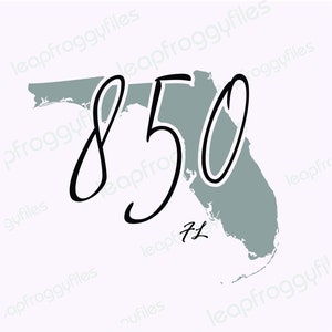 May include: A black and white graphic design of the state of Florida with the number 850 and the letters "FL" underneath.
