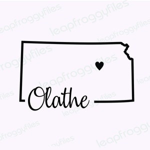 Ciudad de Olathe Kansas/Estado de Kansas/Forma del Estado con Ubicación del Corazón/Orgullo de Kansas/Kansas Home/archivo svg para la camisa de Kansas