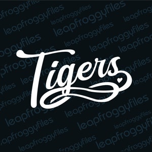 May include: White cursive text on a black background that reads "Tigers".