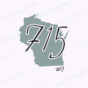 May include: A gray outline of the state of Wisconsin with the number 715 written in black cursive inside the state. The text "WI" is written below the state.