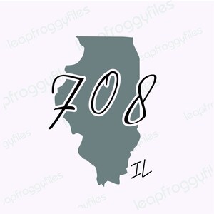 May include: A gray outline of the state of Illinois with the number 708 written in black cursive over the state. The letters IL are written in black below the state.