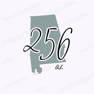 May include: A grey outline of the state of Alabama with the number 256 written in black cursive script. The letters "AL" are written in cursive script below the number.