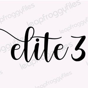Pode incluir: Texto em itálico preto e branco que lê "elite 3".