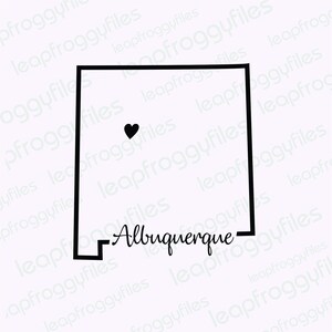 May include: Black and white line art illustration of the state of New Mexico with a heart in the center and the word "Albuquerque" written below.