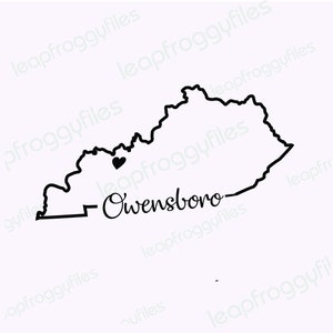 Op de afbeelding: Zwart-witte omtrek van de staat Kentucky met een hart dat de locatie van Owensboro markeert.