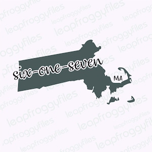 May include: A gray outline of the state of Massachusetts with the text "six-one-seven" written across the state and the abbreviation "MA" written on the Cape Cod peninsula.