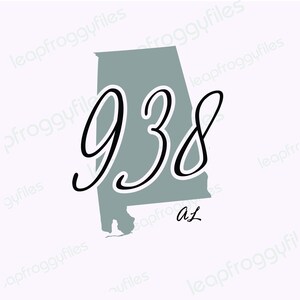 May include: A graphic design featuring the outline of the state of Alabama in a muted green color. The number "938" is written in a stylish, cursive font over the state, with "AL" in a smaller font below.