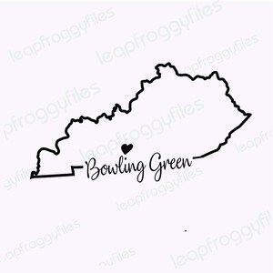May include: Black and white outline of the state of Kentucky with a heart and the text "Bowling Green" inside the state.