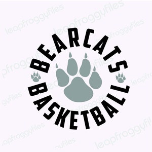 May include: Black and white graphic design with the text "Bearcats Basketball" in a circle around a gray paw print.