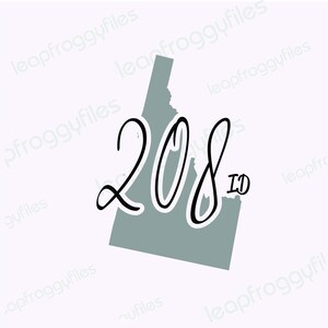 May include: A gray outline of the state of Idaho with the number 208 written in black cursive script. The state abbreviation "ID" is written in black below the number.