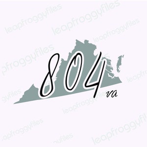 May include: A gray outline of the state of Virginia with the area code "804" written in black cursive.