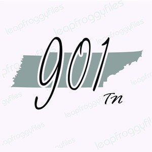 May include: A black and white graphic design of the state of Tennessee with the number 901 written over it. The text "Tn" is written below the state.