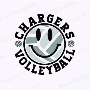 May include: Black and white graphic design of a smiley face volleyball with the text "Chargers Volleyball" around the outside.