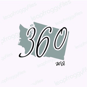 Op de afbeelding: Een grijze omtrek van de staat Washington met het getal 360 in zwarte cursieve letters erin. Het woord "wa" staat onder de omtrek.