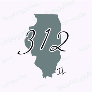 Puede incluir: Un contorno gris del estado de Illinois con el número 312 y las letras IL en negro.