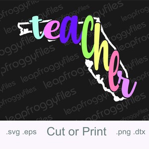 May include: A white outline of the state of Florida with the word "teacher" written across it in rainbow colours. The letters are in a playful, handwritten style.